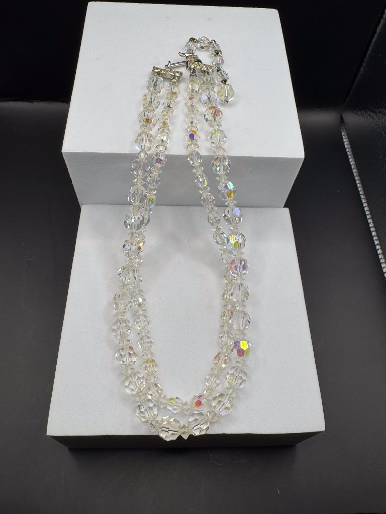Vintage Double Strand Aurora Borealis Crystal Bead Necklace Bridal Jewelry